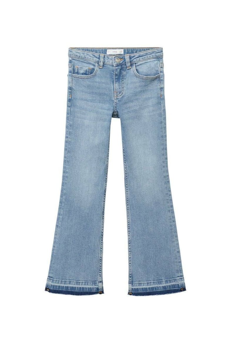 Jeans svasati blu chiaro con vita alta, dotati di cinque tasche, chiusura con bottone e orlo grezzo nella parte inferiore. Tessuto in misto cotone.