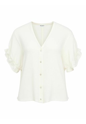 Valge lühikeste varrukatega pluus V-kaelusega, esiääres nööbitav ja voldiliste, volangiliste varrukatega.