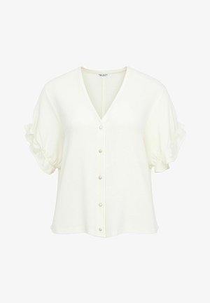 Valge lühikeste varrukatega pluus V-kaelusega, esiääres nööbitav ja voldiliste, volangiliste varrukatega.