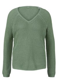 Grön stickad tröja med V-ringning, långa raglanärmar, texturerat tyg och ribbade ärmslut. Avslappnad passform med löst vävt material.