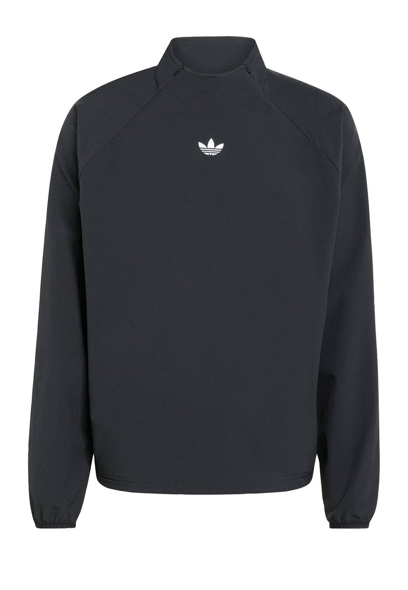 Schwarzer Pullover mit hohem Kragen, langen Ärmeln, elastischen Bündchen und einem weißen Adidas-Trefoil-Logo auf der Brust.