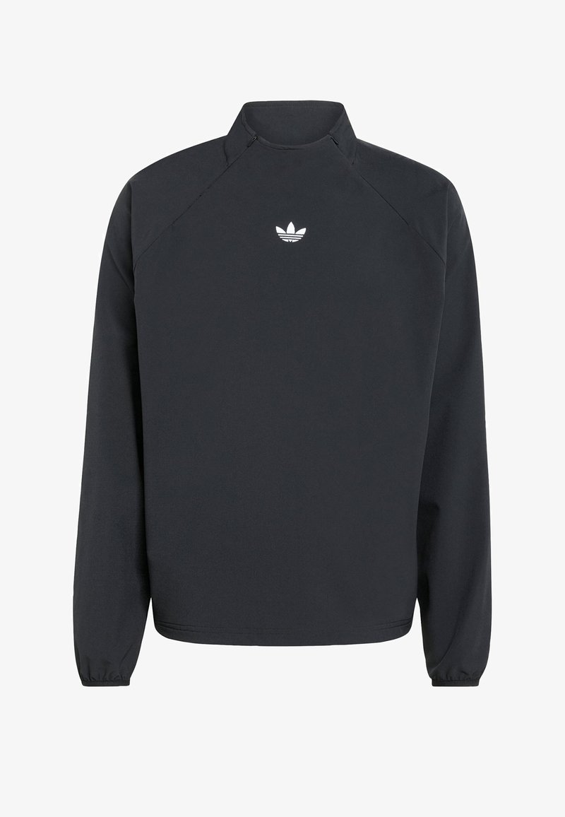Schwarzer Pullover mit hohem Kragen, langen Ärmeln, elastischen Bündchen und einem weißen Adidas-Trefoil-Logo auf der Brust.