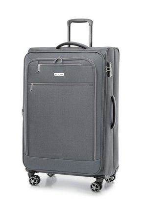 Gray wheeled suitcase with textured fabric, dual front zippers, top handle, and four rotating wheels for mobility. Brand name visible.