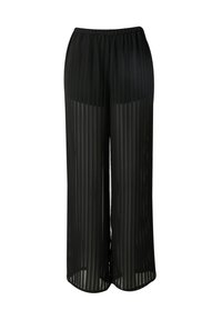 Zwarte geplooide wijde broek met een elastische tailleband, met een lichte, doorzichtige textuur en verticale strepen voor visuele detail.