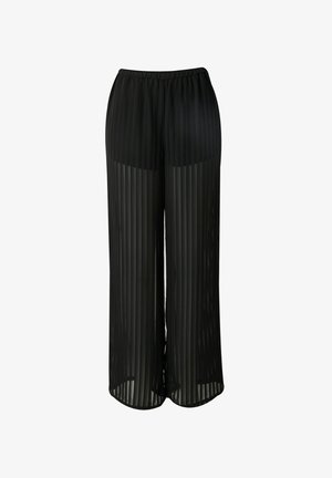 Zwarte geplooide wijde broek met een elastische tailleband, met een lichte, doorzichtige textuur en verticale strepen voor visuele detail.