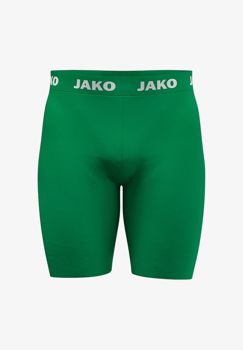 Groene sportshorts gemaakt van gladde stof, met een brede witte tailleband met het "JAKO"-logo en een aansluitend ontwerp voor comfort.