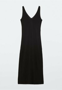 Robe noire sans manches avec un décolleté en V, corsage ajusté et jupe droite. Fabriquée en tissu lisse, design minimal sans motifs.