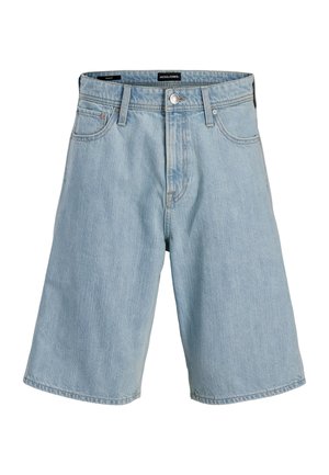 Shorts baggy en denim bleu clair avec fermeture à boutons devant, passants pour ceinture et poches, par Jack & Jones.