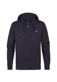 Donkerblauwe zip-up hoodie gemaakt van een zachte katoenmix, met een trekkoord capuchon, voorzakken en een klein logo op de borst.
