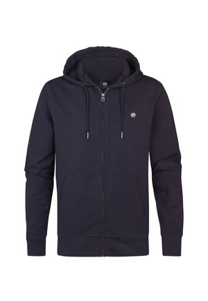 Dark navy zip-up hoodie made of soft cotton blend, featuring a drawstring hood, front pockets, and a small logo on the chest.
