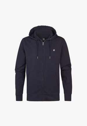 Mørkeblå zip-up hoodie lavet af blød bomuldsblanding, med snøre i hætten, forlommer og et lille logo på brystet.
