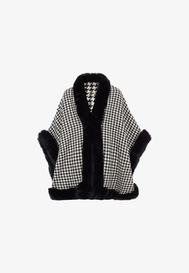 Poncho în carouri alb-negru, cu guler și manșete din blană artificială neagră, având o textură moale și un design lejer, fluid.