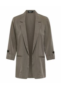 Šviesiai rudas, laisvo silueto švarkas iš tekstūruotos medžiagos, su įpjauta apykakle, trijų ketvirčių rankovėmis ir dviem priekinėmis kišenėmis.