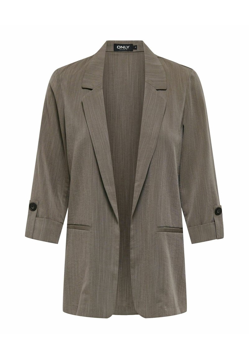 Šviesiai rudas, laisvo silueto švarkas iš tekstūruotos medžiagos, su įpjauta apykakle, trijų ketvirčių rankovėmis ir dviem priekinėmis kišenėmis.