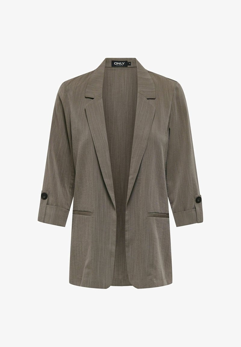 Šviesiai rudas, laisvo silueto švarkas iš tekstūruotos medžiagos, su įpjauta apykakle, trijų ketvirčių rankovėmis ir dviem priekinėmis kišenėmis.