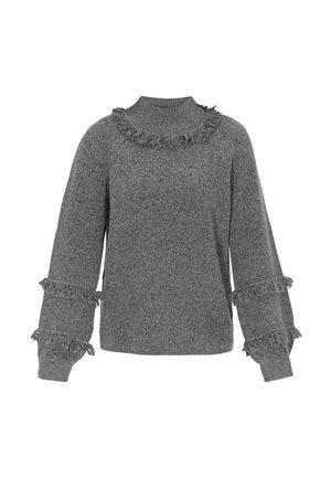 Sivi pleteni pulover s visokim ovratnikom, s poderanim naglascima na izrezu i rukavima. Mekana tekstura i opušten kroj.