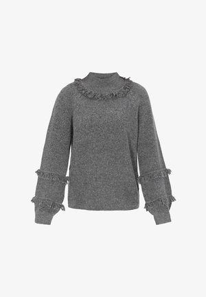 Pelēks adīts džemperis ar augstu apkakli, kuram ir saplēstas akcenti apkakles un piedurkņu vietās. Mīksta tekstūra un brīva piegriezuma forma.