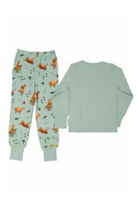 Barnens ljusgröna pyjamas set med långärmad tröja och byxor med orangea tryck av ko och fågel samt fotspår.
