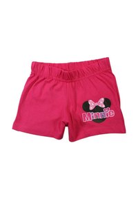 Shorts en coton rose avec une ceinture élastique, représentant une silhouette noire de Minnie Mouse accompagnée d'un nœud à pois rose et du texte « Minnie ».