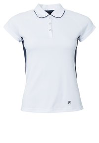 Vit polo skjorta med krage, tre knappar och marinblå sidopaneler. Har korta ärmar och en logotyp på nedersta vänstra sidan. Slät textur.