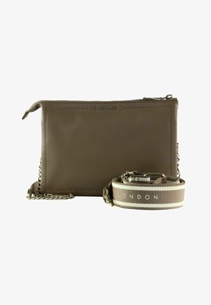 Kompakti taupenvärinen Ted Baker -nahkalaukku, jossa hopeinen ketjuhihna ja irrotettava beige kankainen hihna, johon on kirjailtu "LONDON".