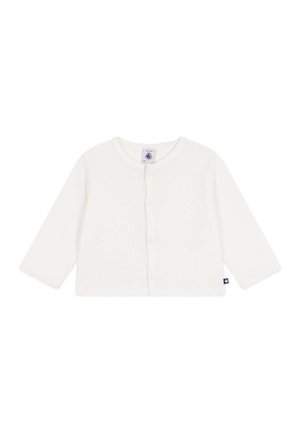 Witte, lange mouwen cardigan van zacht katoen. Heeft een ronde halslijn en een knoopsluiting aan de voorkant. Eenvoudig ontwerp zonder patronen.