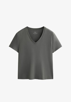 Gray V-neck t-shirt with short sleeves, made from a smooth fabric. Features a relaxed fit and simple design without patterns or hardware.