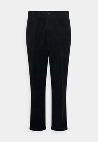 Black corduroy trousers with a straight cut, featuring a button closure, side pockets, and rolled hems. Soft texture and durable fabric.