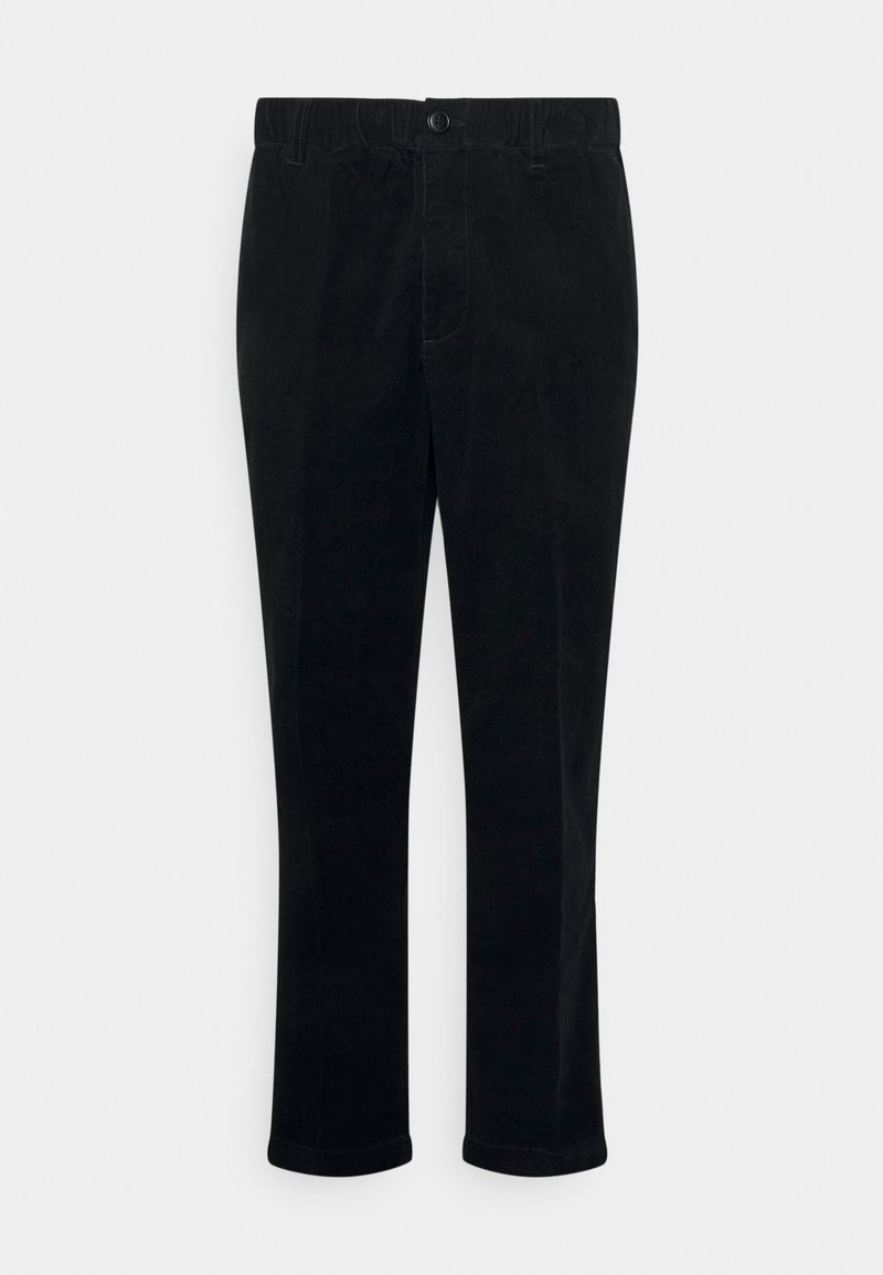 Black corduroy trousers with a straight cut, featuring a button closure, side pockets, and rolled hems. Soft texture and durable fabric.