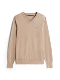 Pull beige en V en tissu doux, doté de manches longues, de poignets en côtes, et d'un petit logo sur la poitrine.