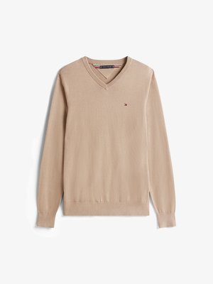 Beige V-ringad tröja i mjukt material, med långa ärmar, ribbade muddar och en liten logotyp på bröstet.