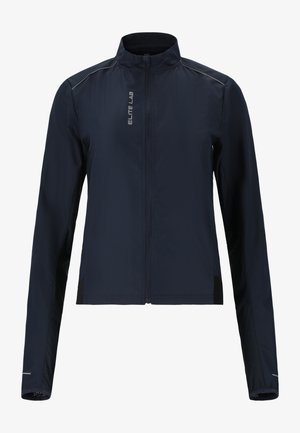Marineblaue leichte Jacke mit Stehkragen, durchgehendem Reißverschluss und seitlichen Netzpaneelen. Verfügt über reflektierende Akzente und ein elegantes Design.