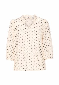 Ljusrosa blus med svarta prickar, v-ringning och puffärmar. Tillverkad av textil med struktur, med subtila volangdetaljer vid kragen.
