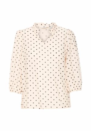 Svetloružová blúzka s čiernymi bodkami, s výstrihom do V a balónovými rukávmi. Vyrobená z textúrovanej látky, s jemným volánikovým zdobením na golieri.