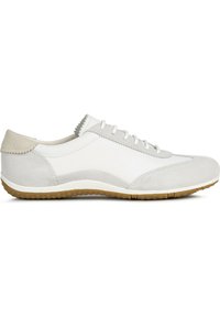 Sneaker bianco e grigio realizzato in pelle e suede, con suola in gomma, forma arrotondata, design con lacci e dettagli scallopati sul tallone.
