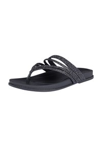 Schwarze Flip-Flop-Sandalen mit drei glitzernden Riemen, flacher Sohle und strukturiertem Fußbett. Die Riemen weisen ein gewelltes Design für zusätzliche Details auf.