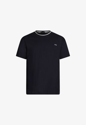 T-shirt in cotone navy con scollo a girocollo, caratterizzato da un accento bianco lungo il colletto e un piccolo logo sul petto. Maniche corte.