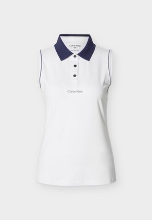 Sleeveless white polo shirt with navy collar, three black buttons, thin navy trim on armholes, and Calvin Klein logo on chest.