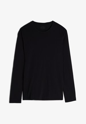 Camisa negra de manga larga hecha de tela suave, con cuello redondo y un diseño simple y sin costuras. Sin patrones ni acentos visibles.