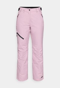 Pantaloni de schi roz cu finisaj rezistent la apă, dotati cu o buzunar lateral cu fermoar, bucle pentru curea și un croi drept.