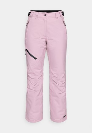 Pantaloni de schi roz cu finisaj rezistent la apă, dotati cu o buzunar lateral cu fermoar, bucle pentru curea și un croi drept.