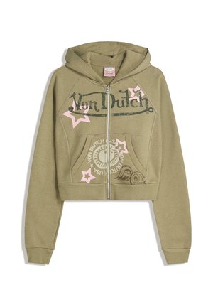 Olijfgroen cropped zip-up hoodie van zachte stof met een capuchon. Bevat roze stergrafieken en het 'Von Dutch' logo in donkergroen. Voorzak inbegrepen.