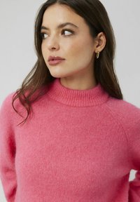 Pull en laine rose à col roulé avec un col côtelé, texture douce et coupe décontractée. Dispose de manches raglan pour un confort supplémentaire.