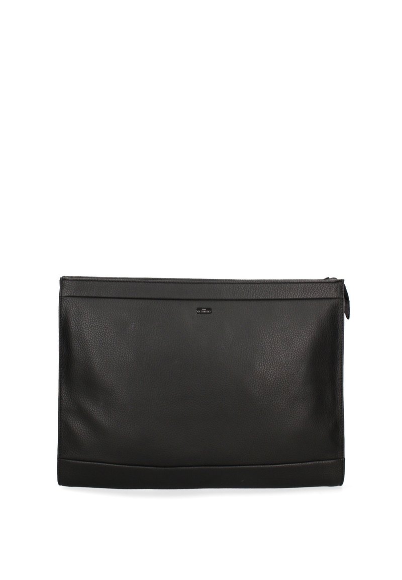 Black leather clutch with a subtle textured finish, featuring a smooth bottom panel and a top zipper closure. Minimalist design with logo accent.