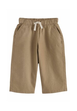 Beige Shorts aus Baumwolle mit einem elastischen Bund, Kordelzug und zwei Seitentaschen. Schlichtes Design, knielange Schnittform.