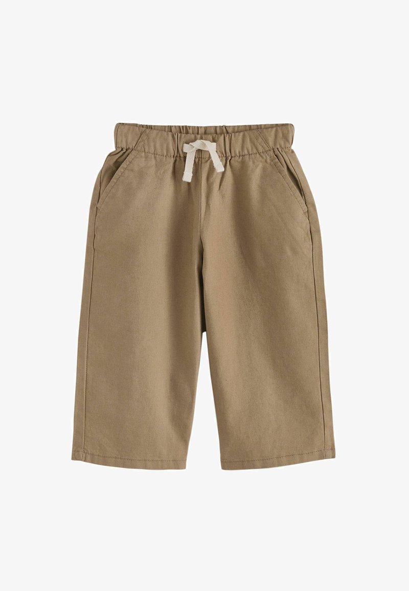 Shorts beige en coton avec une taille élastique, un cordon de serrage et deux poches latérales. Design simple, coupe longueur genou.