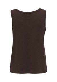 Haut marron sans manches avec encolure ronde, design simple et ourlet droit, montré de dos sur fond blanc.