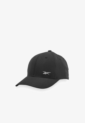 Casquette de baseball noire avec une visière courbée et un petit logo Reebok argenté sur le panneau avant.