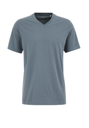 T-shirt da uomo a maniche corte con scollatura a V in morbido e leggero tessuto blu ardesia. Presenta un design semplice con una vestibilità comoda e senza fantasie.