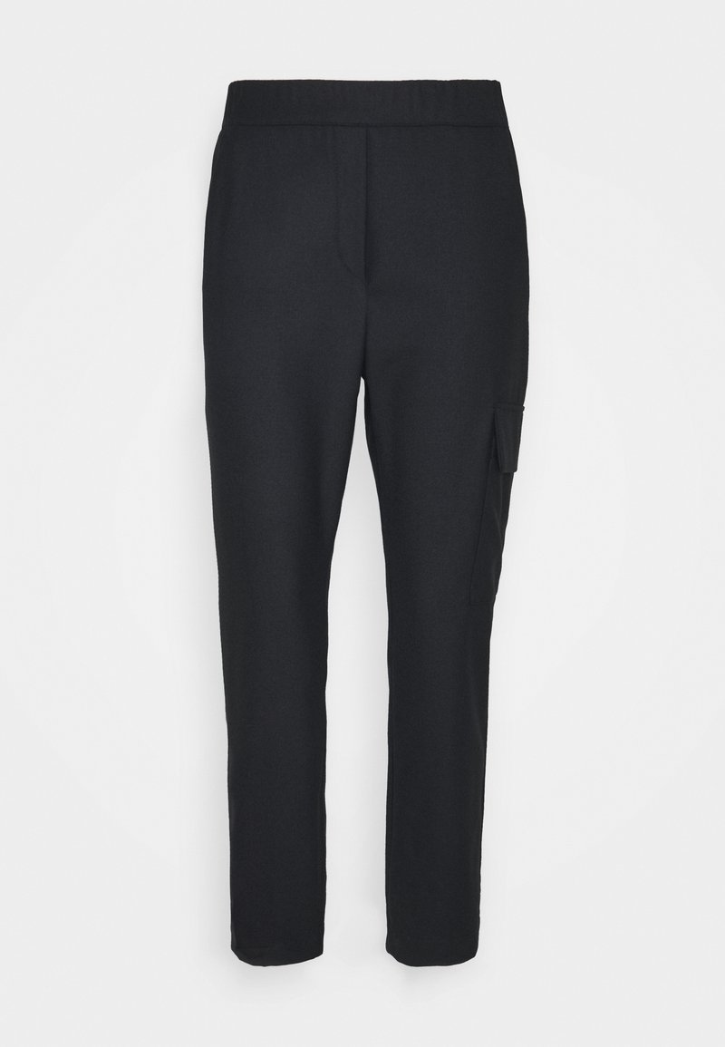 Pantalons noirs à coupe droite, fabriqués dans un tissu texturé. Comprend une poche latérale et une taille plate pour une finition élégante.
